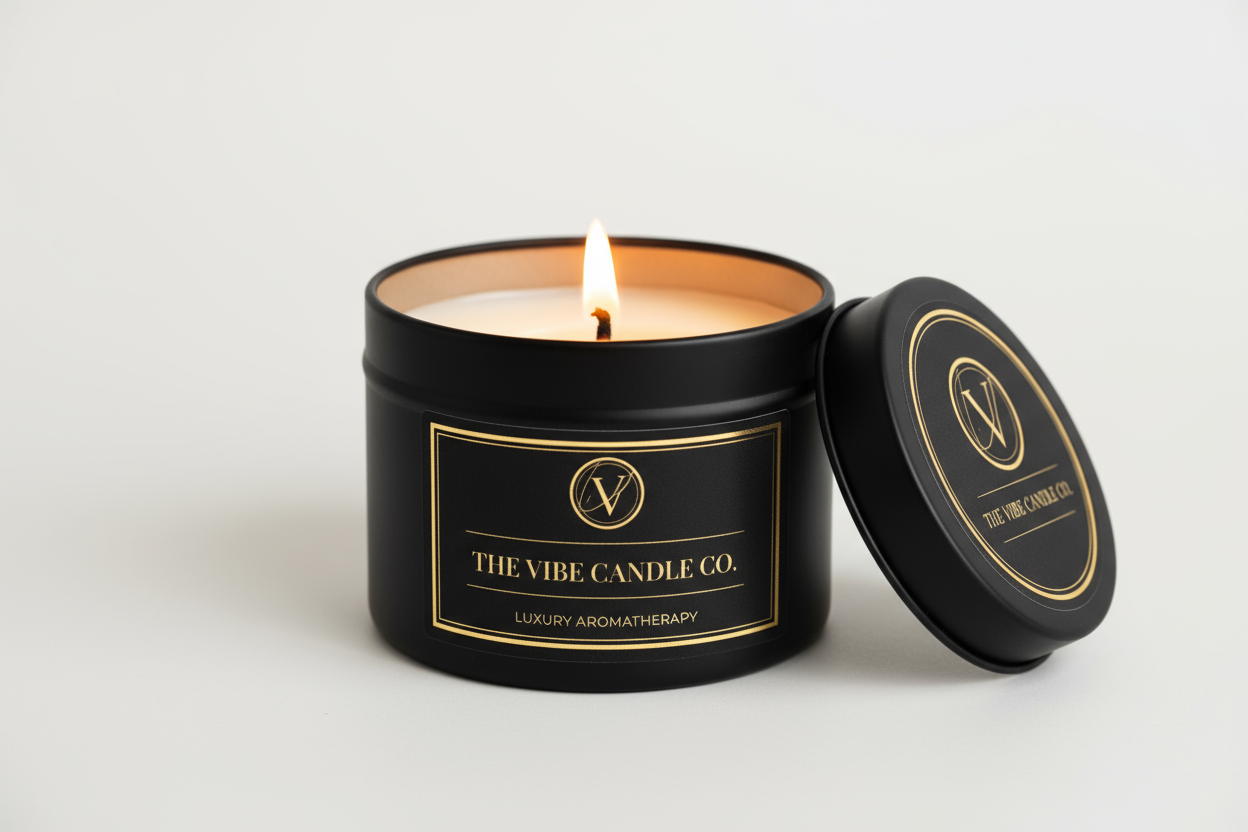 Black candle tin with lid, lit candle inside, on a white background